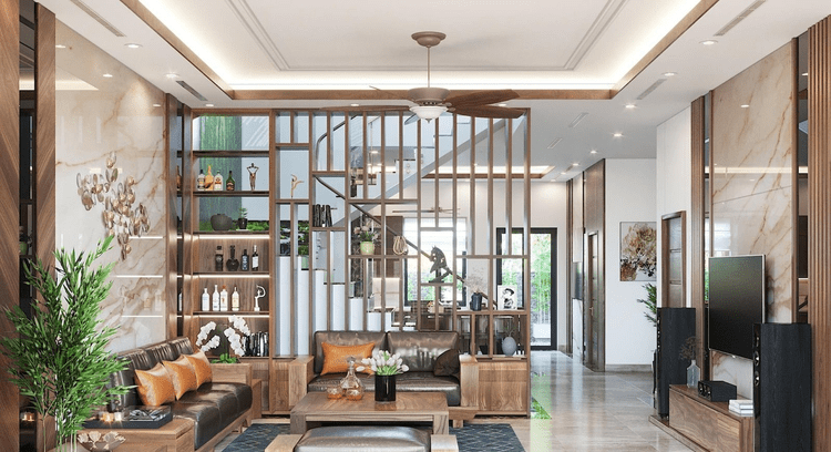 Mẫu vách ngăn cầu thang phân chia phòng khách và phòng bếp đa tiện ích